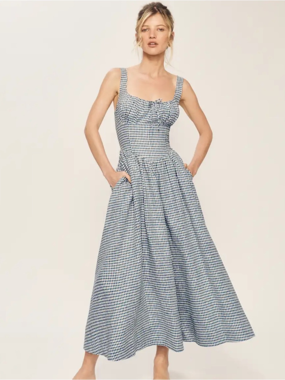 Reformation Balia Linen Dress - slate check  - Size 6